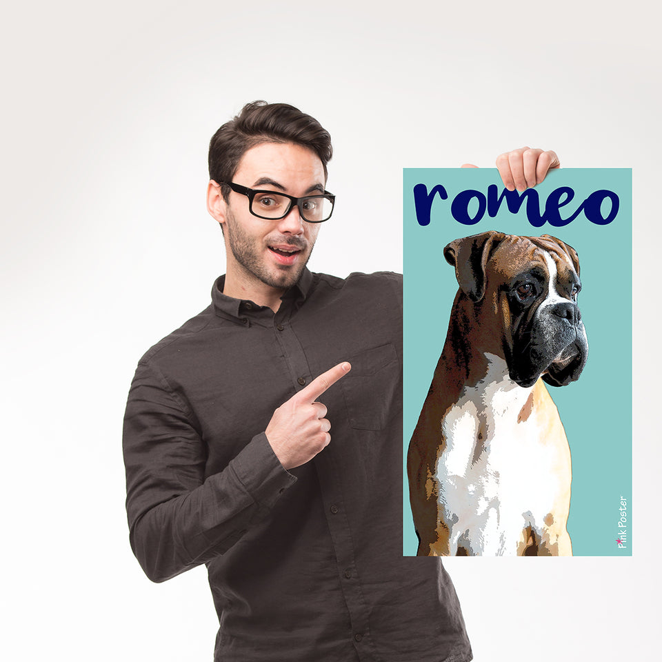 man holding his personalized pop art poster of a boxer dog