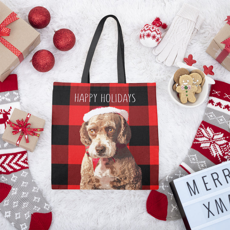 Custom Pet art printed on reusable tote bag with plaid background for holidays