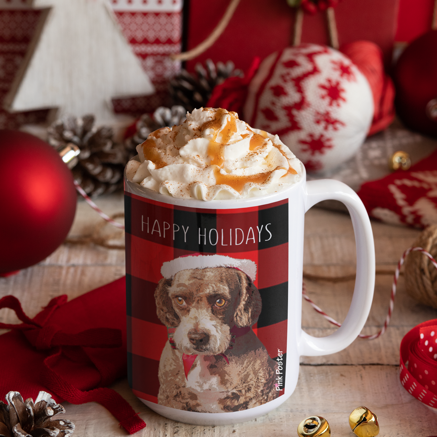 custom dog art with plaid background printed on a 11oz mug