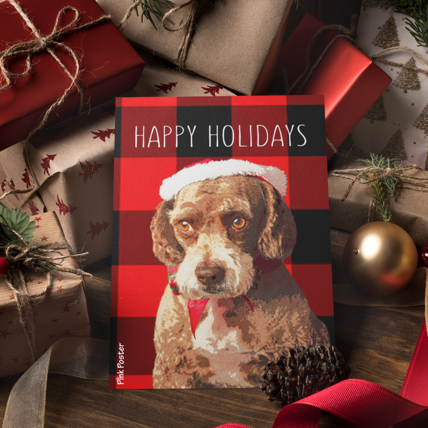 Custom greeting card with dog art on it and plaid background for Christmas