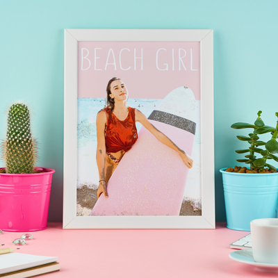 Custom teen poster of girl with her surfing board in a colorful teen room and white frame