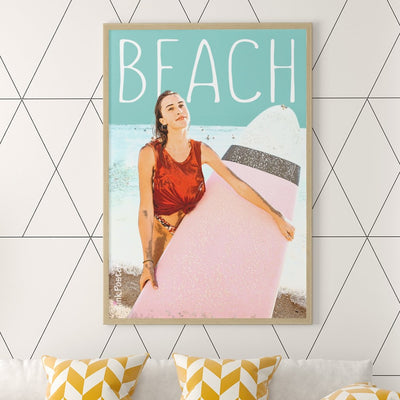 Custom Pink Poster framed poster a girl surfing in a modern bedroom