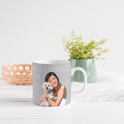 custom art of a lady with her dog on a tea cup