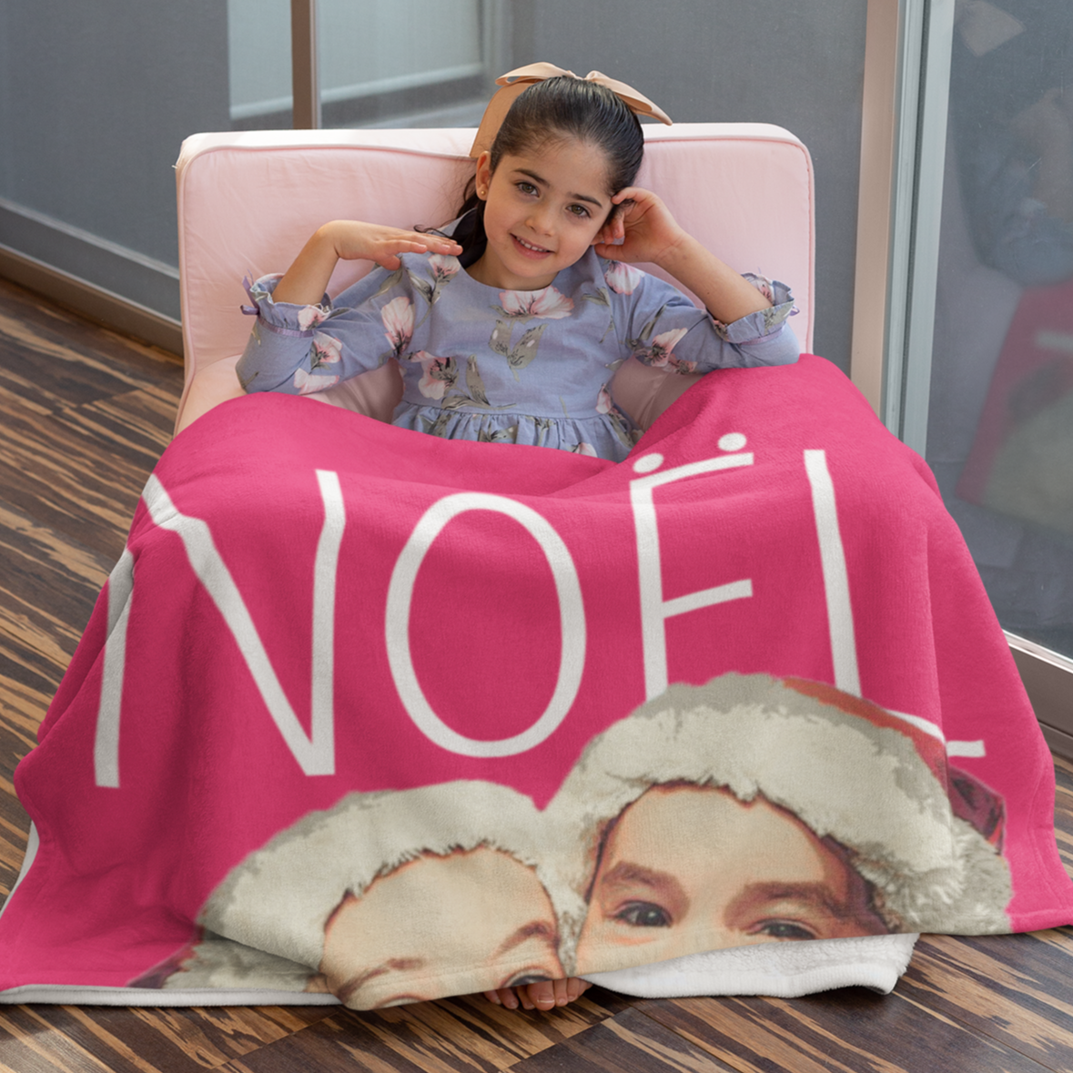 adorable girl with her personalized pop art printed on a soft blanket