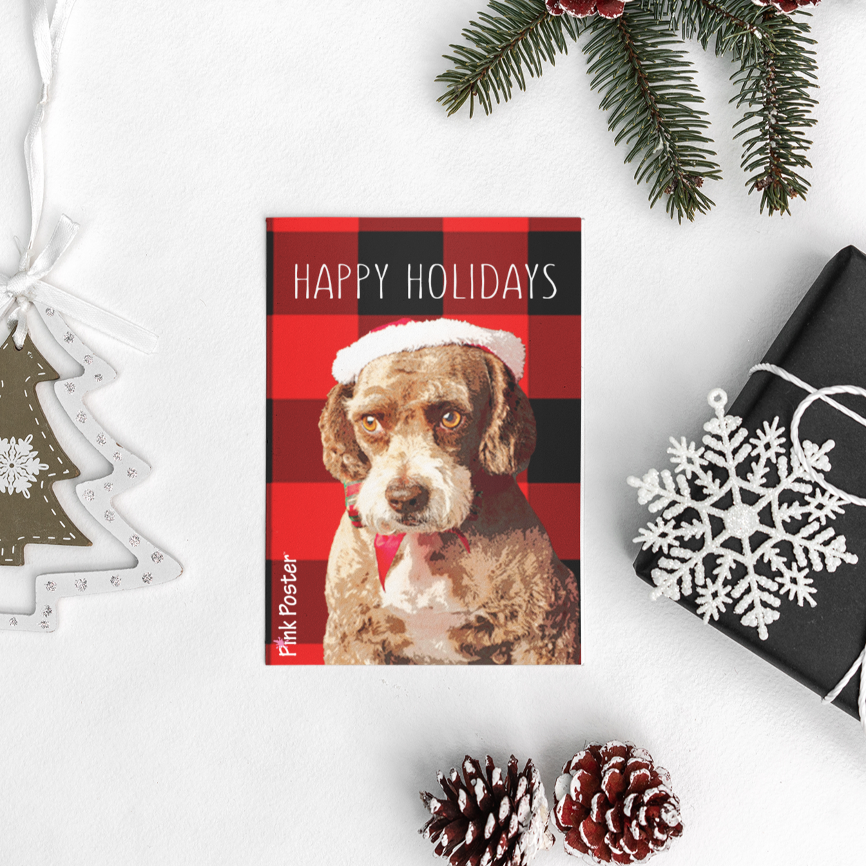 Custom dog art print 5x7 with plaid background for Christmas and holidays