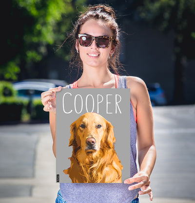 Lady holding her dog art poster of a golden retriever