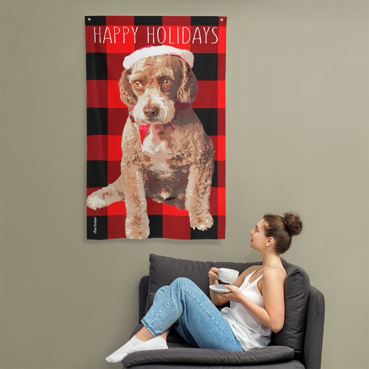 lady looking at her custom dog pop art printed on a decorative flag for Christmas