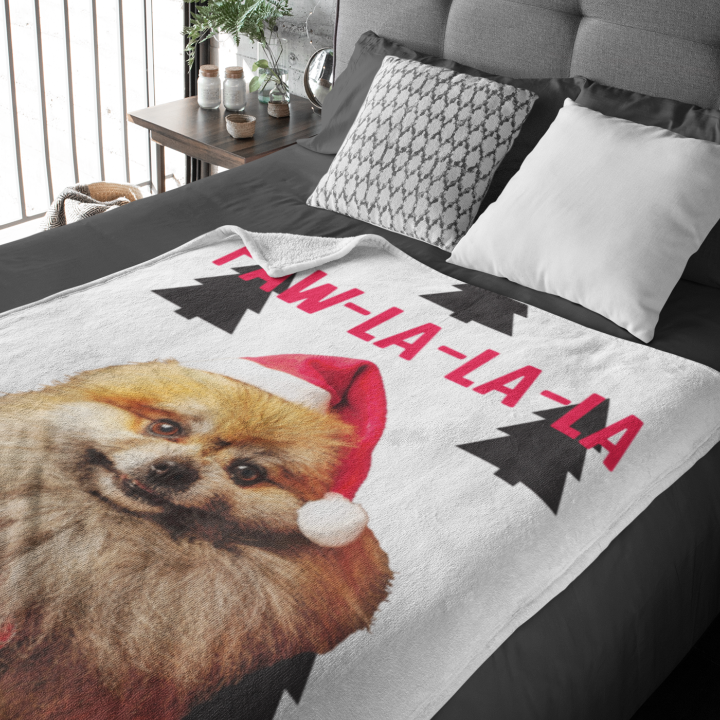 custom pet art blanket on a bed