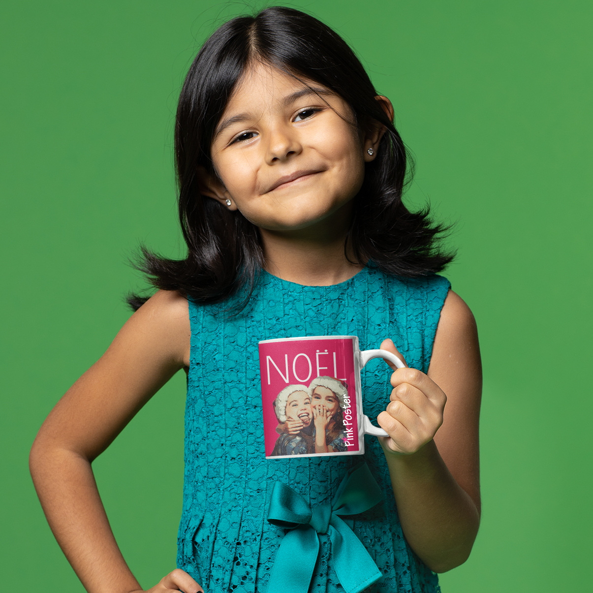 girl holding her own custom mug with pop art on it for Noel