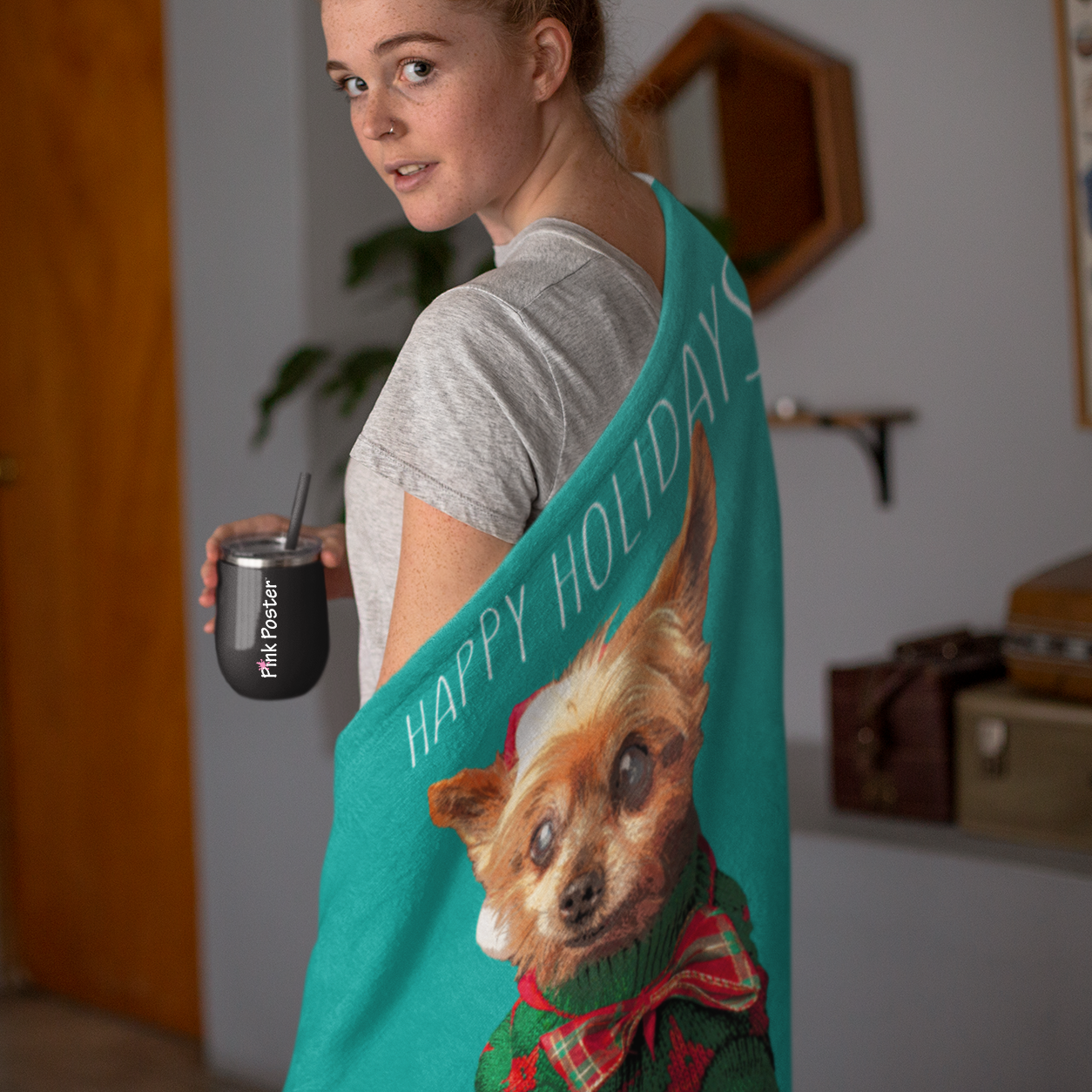 lady wrapped in her own custom soft pet art blanket