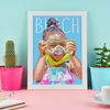 Pink Poster custom kid poster of little girl at the beach in a white frame
