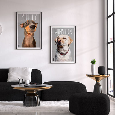 create framed poster - Framed custom dog art displayed in a modern living room