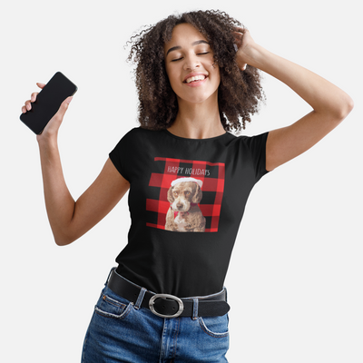 happy lady wearing her personalized dog pop art t-shirt